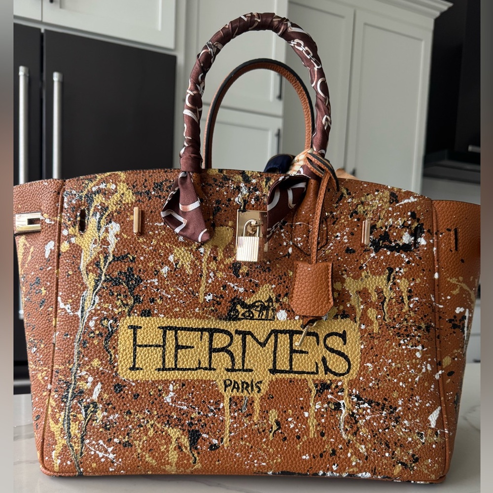 Anca Barbu hand painted Hermès Brown Splatter Paint Tote